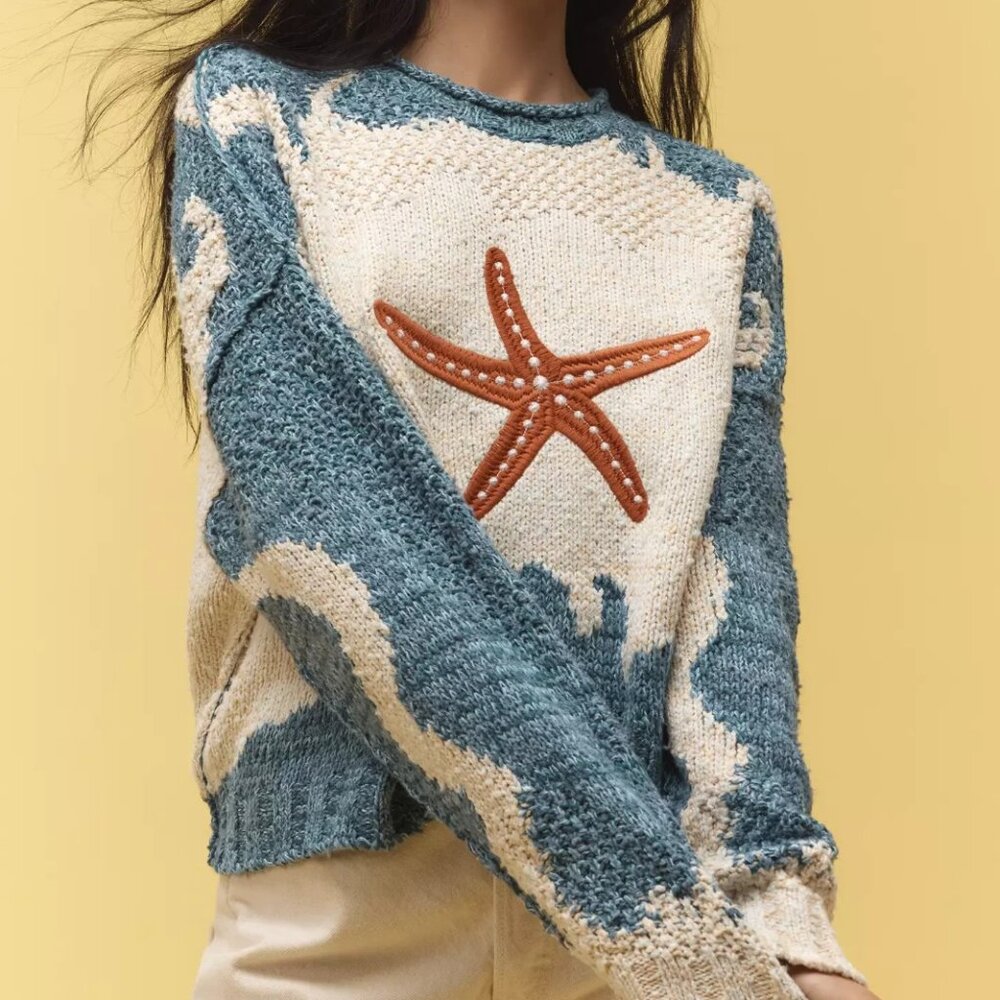 Anthropologie Pilcro Pullover Long-Sleeve Crew-Neck Icon Sweater Starfish S NWT - Picture 2 of 6